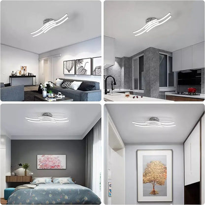 Collage of modern LED ceiling lights in various rooms including a living room, kitchen, and bedroom