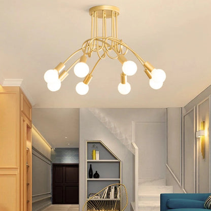 Gold-ceiling-light-fixture-in-a-modern-interior-setting-with-a-staircase-and-bookshelf