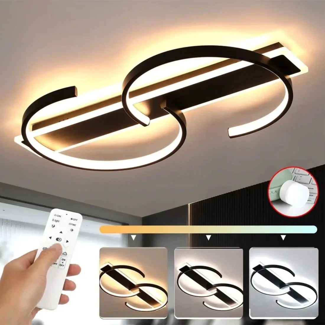 Modern S shape ceiling light fixture with remote control and color options displayed
