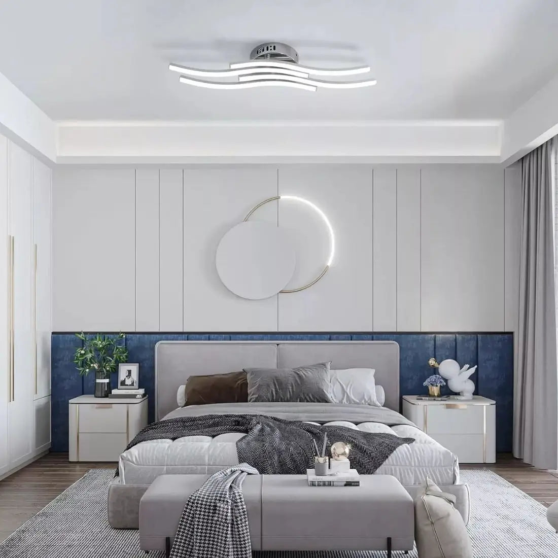 Modern bedroom with gray bed, nightstands,modern ceiling light and decorative elements