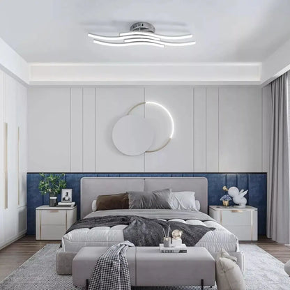 Modern bedroom with gray bed, nightstands,modern ceiling light and decorative elements