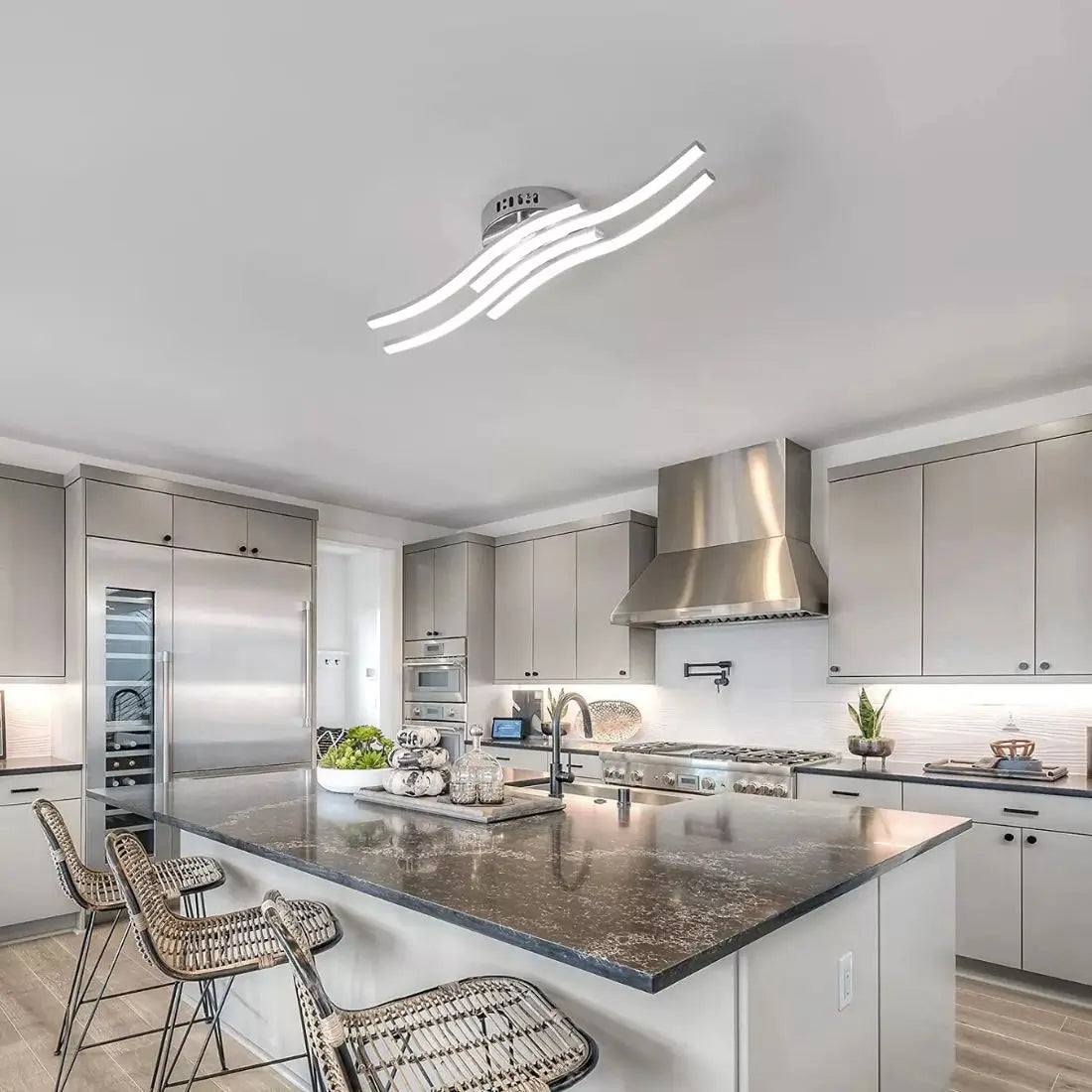 Modern kitchen with modern ceiling light, stainless steel appliances and granite countertops