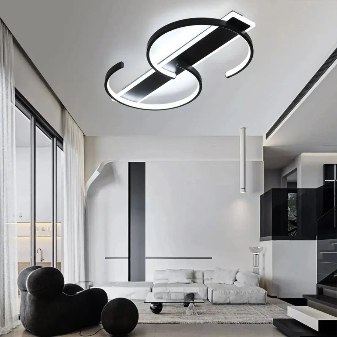 Modern living room with a stylish S shape ceiling light fixture