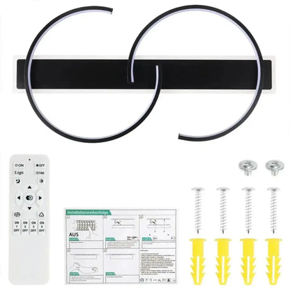 S shape ceiling light fixture kit with remote control, screws, and installation manual on a white background